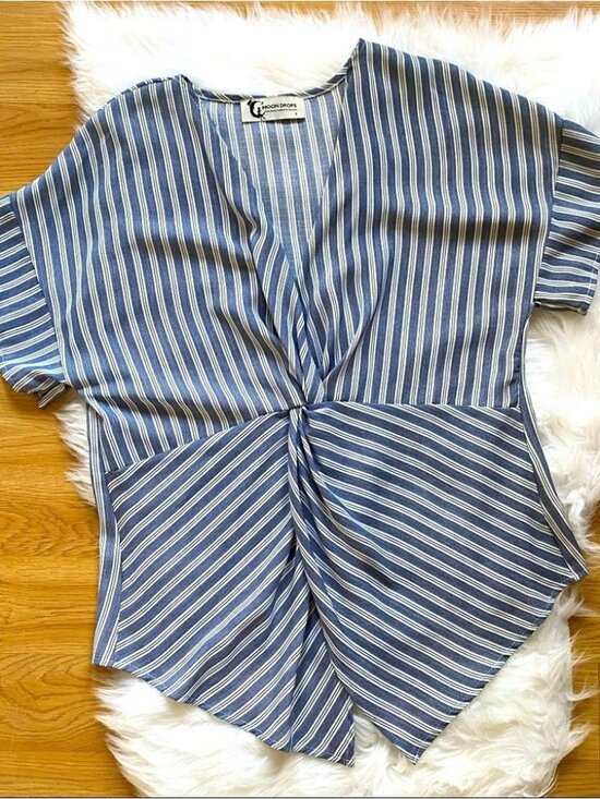 Tops - Top Short Sleeve Striped Front Knot Blue